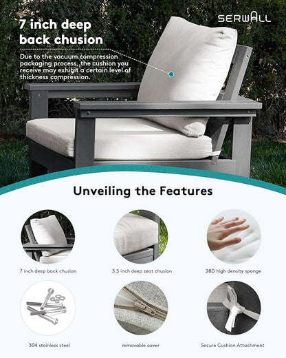 SERWALL Outdoor Patio Sofa Set, 2-Piece HDPE Single Seat Outdoor Sofa Chair with Padded Cushions, Gray Frame with Beige Cushion