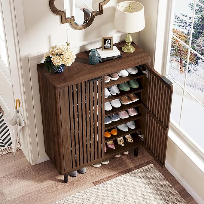 Tribesigns 6-Tier Shoe Cabinet with Shutter Doors, Large Wooden Shoe Organizer Rack with Adjustable Shelves, Modern Farmhouse Hidden Storage Furniture for Entryway, Hallway (Dark Walnut)