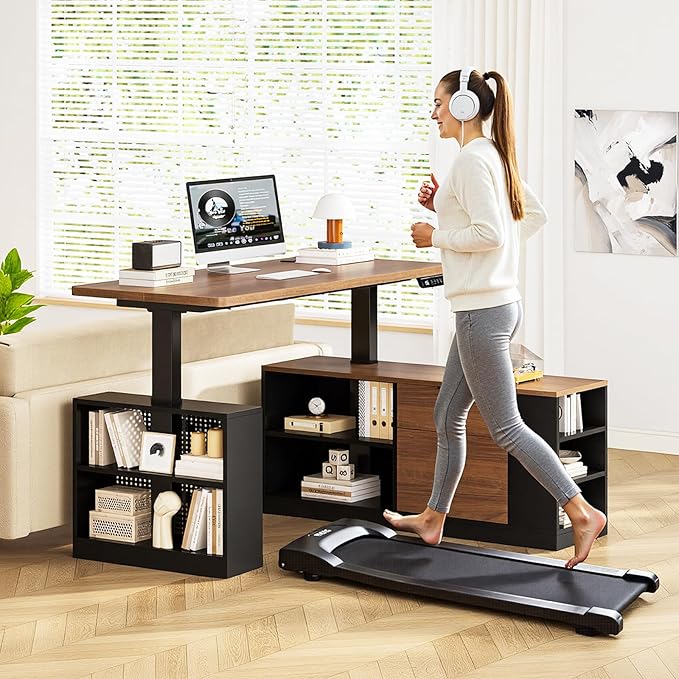 L Shaped Standing Desk Adjustable Height, 53" Electric Office Desk with File Drawers & Storage Shelves, Sit Stand Corner Computer Desk with Power Outlets, Pegboard, 6 Hooks, Black & Walnut