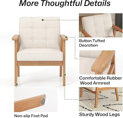Modern Accent Chairs Set of 2, Upholstered Linen Fabric Leisure Chairs with Backrest Button and Wooden Frame for Living Room Bedroom Reading (Beige)
