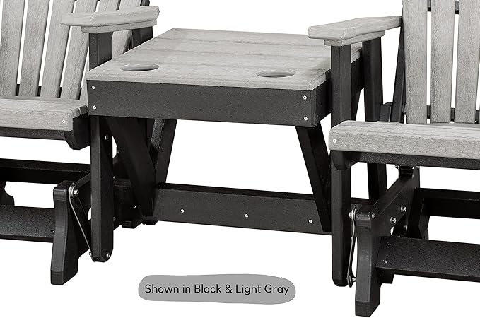 DutchCrafters Slat Fan Back Double Poly Adirondack Glider Outdoor Patio Chairs with Center Table (White & Weatherwood)