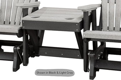DutchCrafters Slat Fan Back Double Poly Adirondack Glider Outdoor Patio Chairs with Center Table (White & Weatherwood)