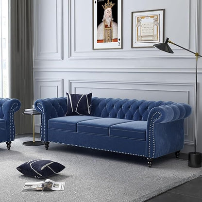 Chesterfield 3 Seater Sofa, Modern Velvet Tufted Couch 3 Seater with Rolled Arms and Nailhead Mid-Century Upholstered Couch for Living Room, Bedroom, Apartment and Office, Blue