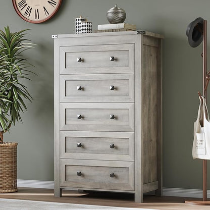 Tall 5-Drawer Dresser, Modern Wooden Storage Chest of Drawers, Dresser TV Stand, Wood Drawer Organizer with Metal Handles for Bedroom, Living Room, Hallway