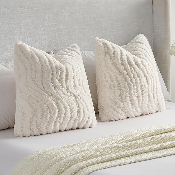 FUTEI White Decorative Throw Pillow Covers 16x16 Inch Set of 2,Soft Faux Fur Geometric Shapes Texture Cushion Case,Boho Home Decor for Couch Bed Living Room