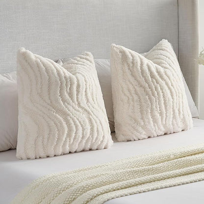 FUTEI White Decorative Throw Pillow Covers 18x18 Inch Set of 2,Soft Faux Fur Geometric Shapes Texture Cushion Case,Boho Home Decor for Couch Bed Living Room