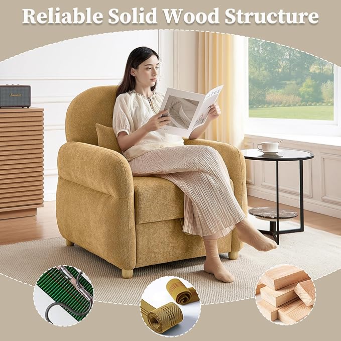 Modern Accent Chairs for Living Room, Comfy Chenille Armchairs with Storage, 33.5" W Single Reading Chairs for Bedroom, Study Room, Apartment, Tool Free Assembly, Mustard Yellow