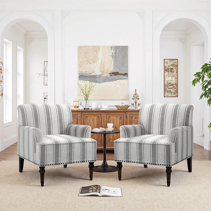 Pia Ricco Stripe Accent Chairs 2 Pack - Modern Nailhead Trim Armchairs with Wood Legs, Comfy Living Room Bedroom Home Office Seating-Gray