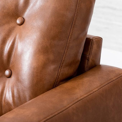 PU Accent Arm Chair with Tufted Back, Faux Leather Comfy Upholstered Single Sofa, Mid Century Modern Side Club Chair with Wood Legs for Reading/Living Room/Bedroom, Caramel