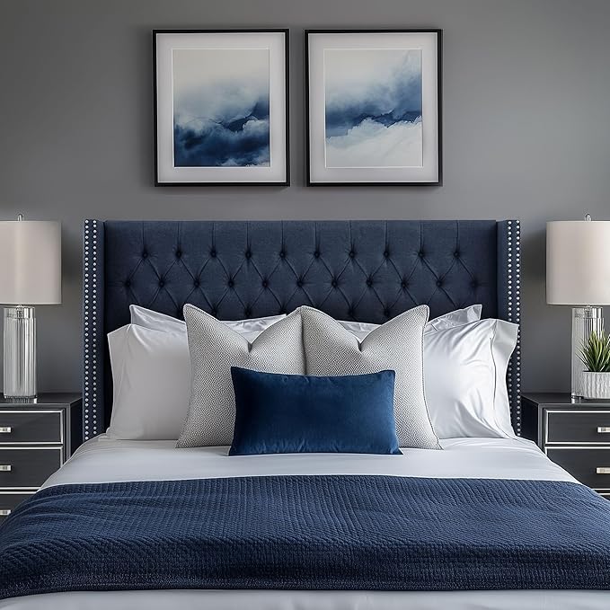 Madison Park King Button Tufted Headboard, Adjustable Upholstered Wingback Headboard, Nailhead Trim, Wooden Frame, Black Metal Legs, Flush Flat Back, Vintage Bedroom Décor - Navy Amelia