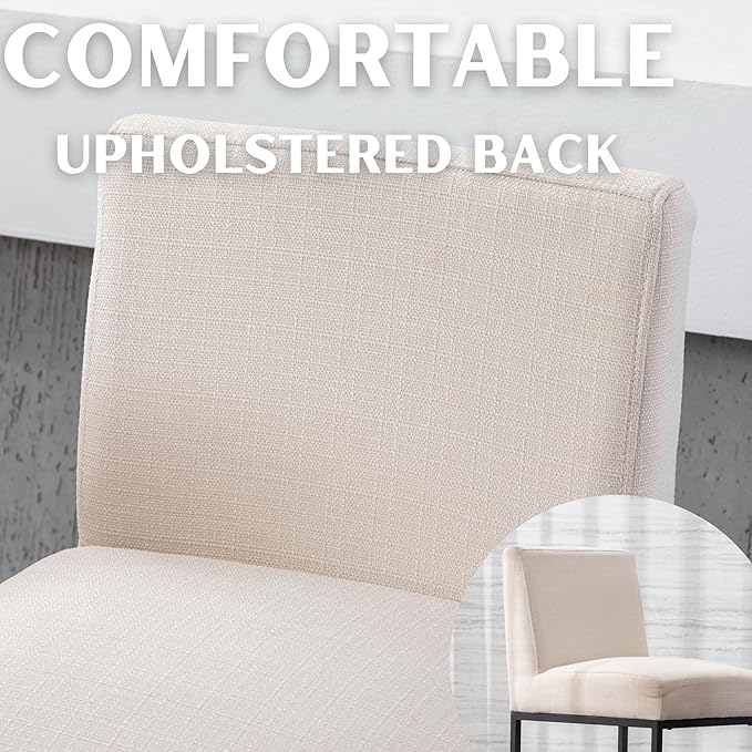 27" Height Cream Fabric Bar Stools Set of 2 Counter Height Stools with Back and Footrest for Kitchen Modern Metal Barstools, Linen Upholstered Farmhouse Bar Chairs Island Stool