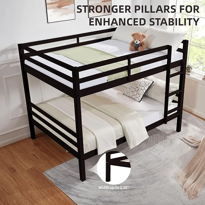 Full Over Full Bunk Bed with Thick Posts,Wooden Bunk Bed with High Guardrail and Ladder for Kids, Teens, Dorm Rooms, and Guest Rooms,No Box Spring Needed, Espresso