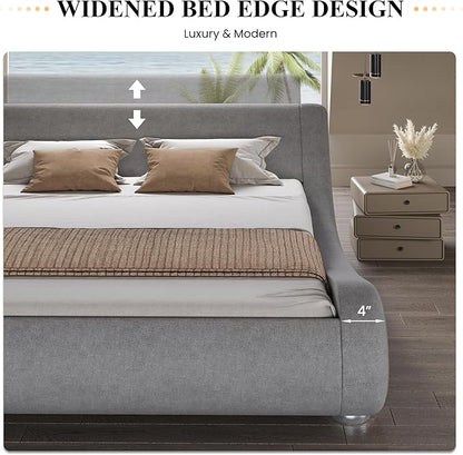 SHA CERLIN Full Size Upholstered Bed Frame, Deluxe Low Profile Sleigh Bed with Linen Ergonomics Headboard, No Box Spring Needed & Easy Assembly, Grey