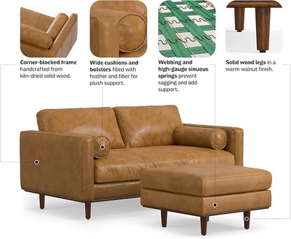 SIMPLIHOME Morrison Mid-Century Modern 72 inch Wide Sofa with Ottoman Set in Sienna Genuine Leather for the Living Room and Family Room
