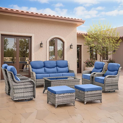 Swivel Patio Chairs Set of 3 with 6" Thick Cushion - Wicker Outdoor Swivel Rocker Patio Chairs with Side Table, High Back Comfortable Outdoor Glider- Grey Wicker | Blue Cushions