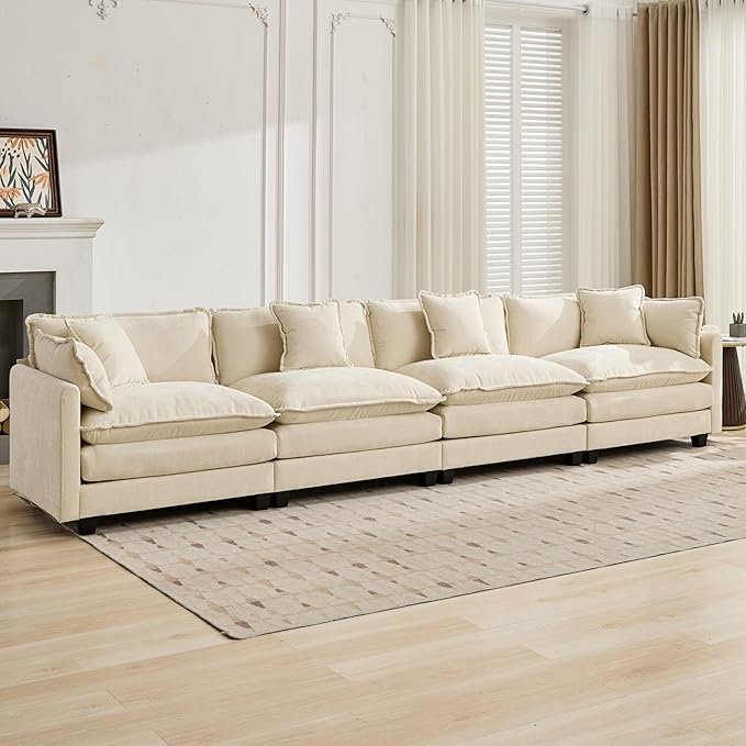 Aoowow Modular Sectional 4 Seater Cloud Sofa Couch for Living Room,149.6" Cloud Sofas with Deep Seat,Modern Chenille 4 Seat Sofas,Fluffy Cloud Couches for Bedroom,Office,Hotel (Beige, 4 Seater)