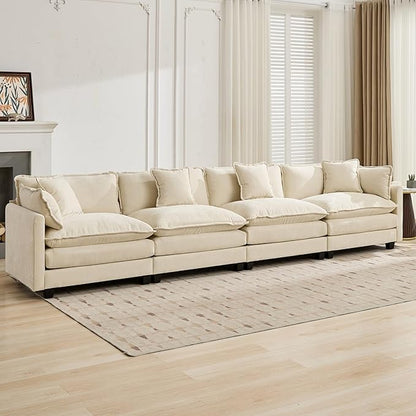 Aoowow Modular Sectional 4 Seater Cloud Sofa Couch for Living Room,149.6" Cloud Sofas with Deep Seat,Modern Chenille 4 Seat Sofas,Fluffy Cloud Couches for Bedroom,Office,Hotel (Beige, 4 Seater)