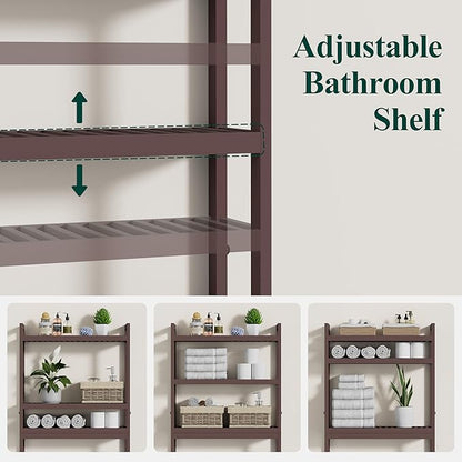 Smiry Over The Toilet Storage Cabinet, 3-Tier Bamboo Bathroom Organizers with Adjustable Shelf & 4 Hooks, Space Saving Shelf Rack for Bathrooms, Laundry Room, Balcony, Brown