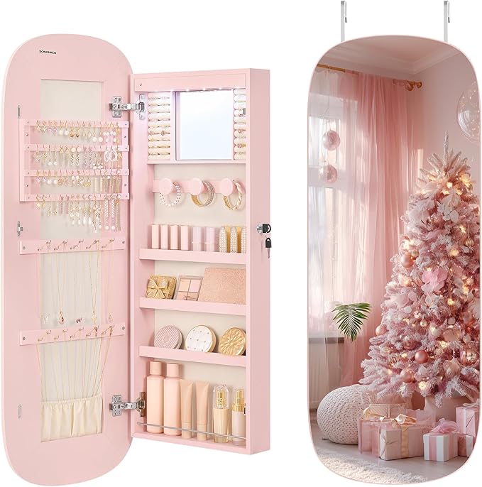 SONGMICS Jewelry Organizer, LED Jewelry Cabinet Wall/Door Mounted, Lockable Rounded Wide Mirror with Storage, Christmas Gift 3.9 x 16.5 x 42.5 Inches, Jelly Pink Surface with Cream White Lining