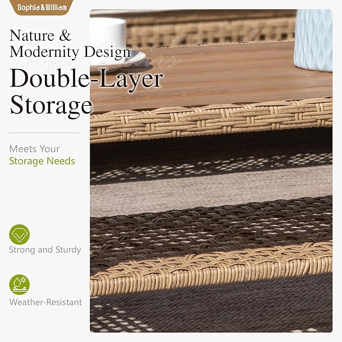 Sophia and William Boho Wicker Patio Furniture Set, Outdoor Rattan Sectional Sets Conversation Set - Weather-Resistant, with Dual Storage Coffee Table Acacia Wood Legs for Garden, Patio & Deck(Beige)