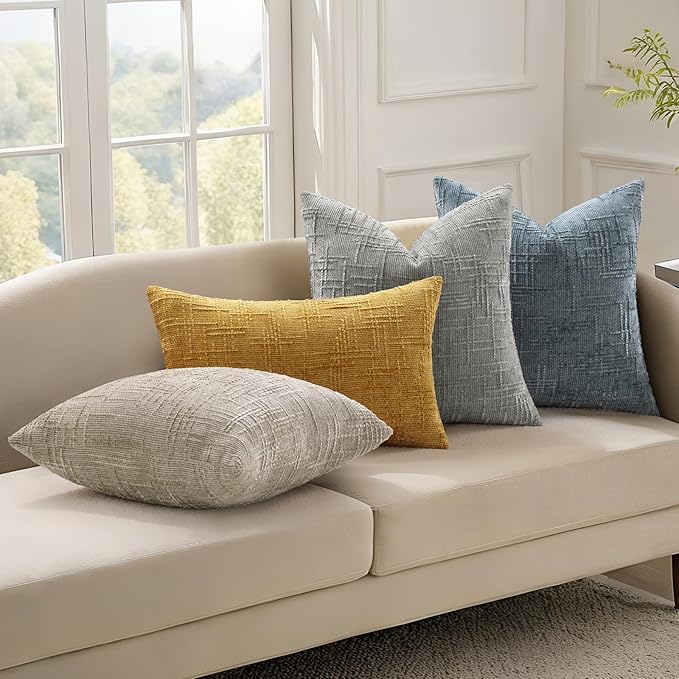 decorUhome Neutral Grey Chenille Throw Pillow Covers 18x18 Set of 2 Thick Textured Slubby Couch Pillow Covers Farmhouse Accent Modern Neutral Decorative Pillow Cases for Bed Sofa Living Room