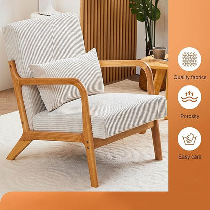 Accent Chairs, Mid-Century Modern Chair with Pillow, Armchair with Solid Wood, Reading Relaxing Leisure Chair for Living Room（Beige）