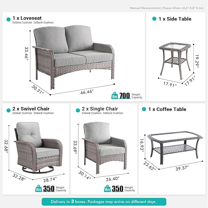 7 PCS Patio Outdoor Furniture Set with Swivel Rocking Chairs,All Weather Wicker Rattan Patio Seating Sofa and Chairs Set,Outdoor Conversaiton Sets for Deck Yard Prrch Garden Poolside,Dark Grey
