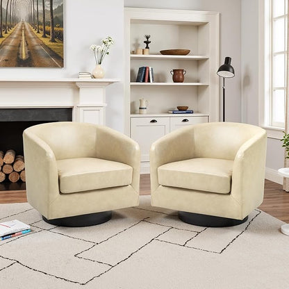 Lumibee Swivel Accent Chairs Set of 2, Faux Leather Swivel Barrel Chairs for Living Room, Modern Comfy Upholstered Round Armchairs Single Sofa Chairs for Bedroom, Club-Cream