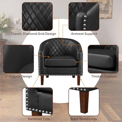 Prilinex Comfy Barrel Accent Chair Set of 4 - Faux Leather Living Room Chair Club Chair with Cushion, Diamond Grid Backrest & Nailhead Trim, Guest Chair for Office, Bedroom & Waiting Room, Black