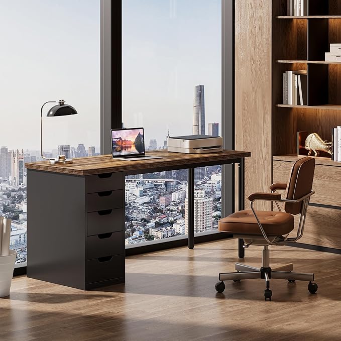 Tribesigns Modern Simple Computer Desk, 47 Inches PC Desk with 5 Reversible Drawers, Rustic Brown Study Writing Table Workstation for Home Office Small Spaces (Brown+Black)