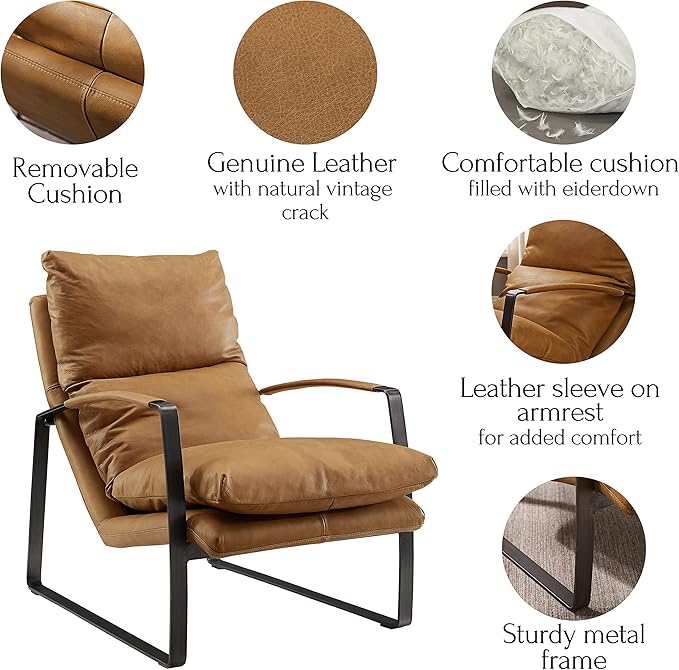 Art Leon Set of 2 Genuine Leather Accent Chairs, Mid Century Modern Lounge Chair Living Room Sofa Chair with Black Metal Frame, Light Brown