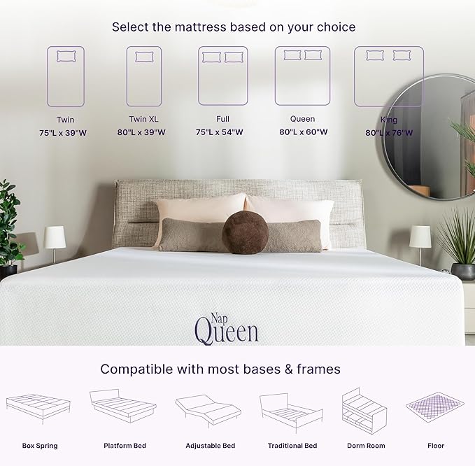 NapQueen 8 Inch Queen Size Mattress, Bamboo Charcoal Memory Foam Mattress, Bed in a Box, White