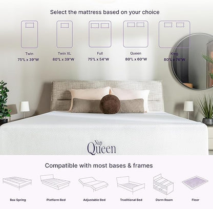 NapQueen 8 Inch Twin-XL Size Mattress, Bamboo Charcoal Memory Foam Mattress, Bed in a Box, White