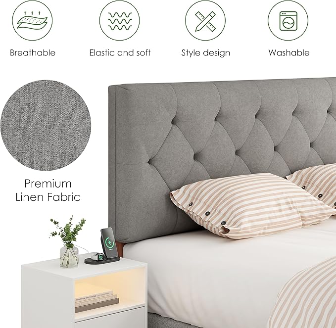 Queen Upholstered Headboard Only for Bed Frame from 49”-62”, Adjustable Height Queen XL Headboards with Durable Wood Legs, Fabric Bed Board in Modern Button Design, Light Grey
