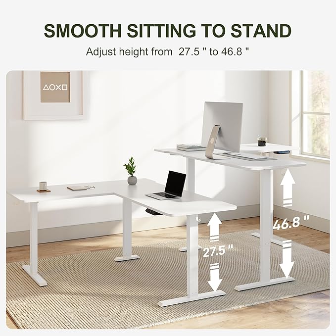 BANTI L-Shaped Standing Desk - 63 x 55 Inch Adjustable Corner Standing Desk with Charging Station - L Shape Sit Stand Table with Memory Controller, Splice Board for Home Office