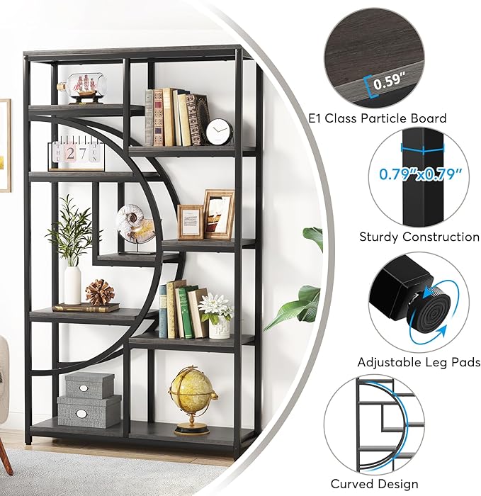 Tribesigns Bookshelf Industrial 5 Tier Etagere Bookcase, Freestanding Tall Bookshelves Display Shelf Storage Organizer with 9-Open Storage Shelf for Living Room, Bedroom, 2 Pack (Gray, 2 Pack)
