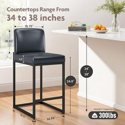 ALPHA HOME 24 Inch Bar Stools, Kitchen Counter Stools with Backs, PU Leather Barstools, Kitchen Stools with Back&Upholstered Footrest, Sturdy Chromed Metal Steel Frame, Midnight Blue