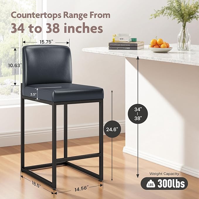 ALPHA HOME 24 Inch Bar Stools Set of 4, Kitchen Counter Stools with Backs, PU Leather Barstools, Kitchen Stools with Back&Upholstered Footrest, Sturdy Chromed Metal Steel Frame, Midnight Blue