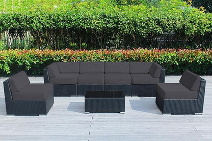 Outdoor Patio Wicker Furniture 7-PC Sectional with 6 inch All Weather Rainshield Cushions (Black Wicker, Gray Cushions)