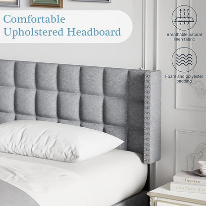 VECELO Headboard Queen Size, Linen Upholstered Headboards Only with Nailhead Trim Wingback, Square Stitched Design, Adjustable Height from 40" to 49.8", Light Grey