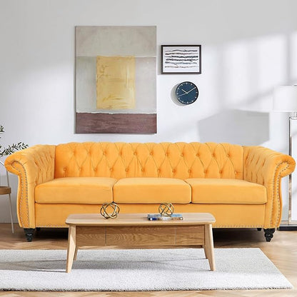 Chesterfield 3 Seater Sofa, Modern Velvet Tufted Couch 3 Seater with Rolled Arms and Nailhead Mid-Century Upholstered Couch for Living Room, Bedroom, Apartment and Office, Yellow
