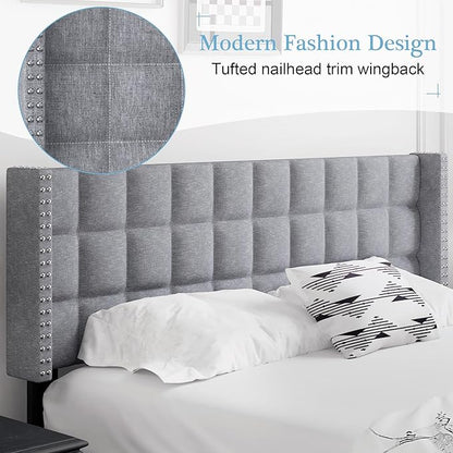 VECELO Headboard Queen Size, Linen Upholstered Headboards Only with Nailhead Trim Wingback, Square Stitched Design, Adjustable Height from 40" to 49.8", Light Grey