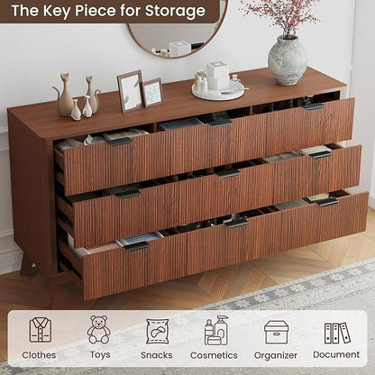 SUNWAVE Fluted 9 Drawer Dresser for Bedroom, 59.1" Wide Modern Large Dresser with Round Corner, Wood Drawer TV Stand for Living Room