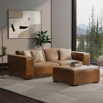 SIMPLIHOME Rex Ottoman in Full-Grain Genuine Leather, Caramel Brown, 34-inches Wide, Modern-Style Table Ottoman or Footrest, Assembled, for Living Room and Family Room
