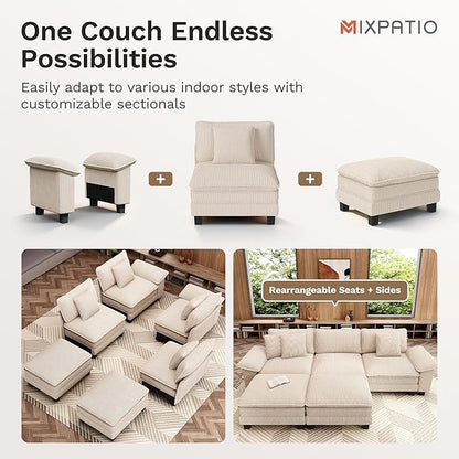 157-Inch U Shaped Sectional Sofa with Cloud Cushions, Deep Seat Modular Couch Set w/ 6 Seats & 2 Ottomans, Removable Arms, Plush Corduroy Upholstery for Living Room, Apartment - Beige