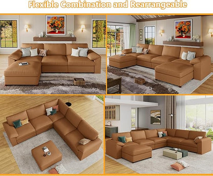 EASE MOOSE Oversized Modular Sectional Sofa,Modern Deep Seat Faux Leather Sectional,Extra Large L Shaped Couch,Comfy Scratch Resistant Material,Brown