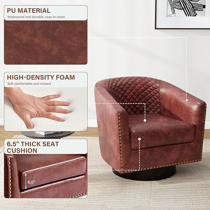 Pia Ricco Faux Leather Swivel Barrel Accent Chairs, 360° Swivel Round Single Sofa Chair, Comfy Upholstered Club Armchair with Nailhead Trim for Living Room/Reading Room/Bedroom, Red Brown