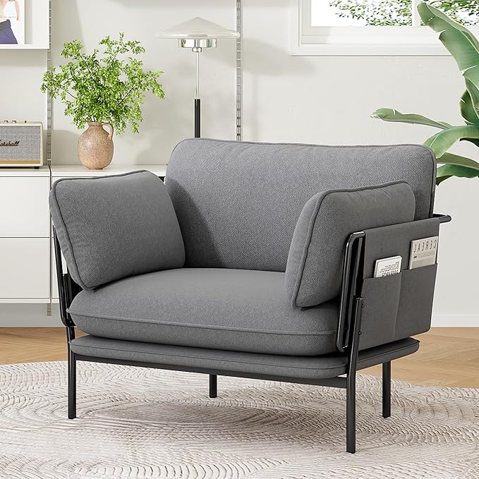 Modern Accent Chairs Set of 2, Oversized Living Room Chairs, Reading Chair with Solid Metal Legs, Fabric Armchair with Side Pockets and 2 Pillows, Accent Chairs for Bedroom, Nursery, Blue Gray
