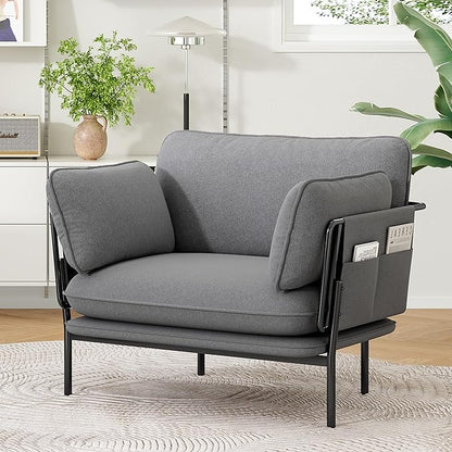 Modern Accent Chair for Living Room, Oversized Reading Chair with Solid Metal Legs, Upholstered Fabric Armchair with Side Pockets and 2 Pillows, Accent Chairs for Bedroom, Nursery, Blue Gray