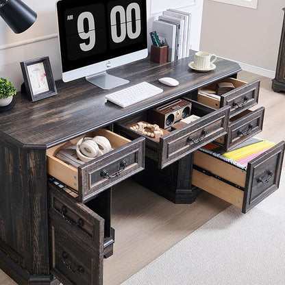 RedLemon 60" Executive Desk with Drawers,Wood Home Office Desk, Featuring Keyboard Tray,Charging Station,File Drawer, Storage Cabinet,for Work and Study (Dark Rustic Oak)